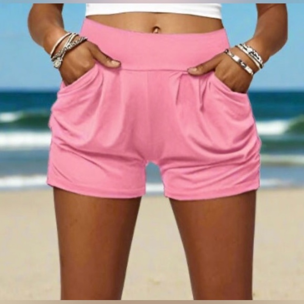 NEW Womens Pink Harem Pocket Shorts, Yoga Waist Shorts, Sizes M/L/XL